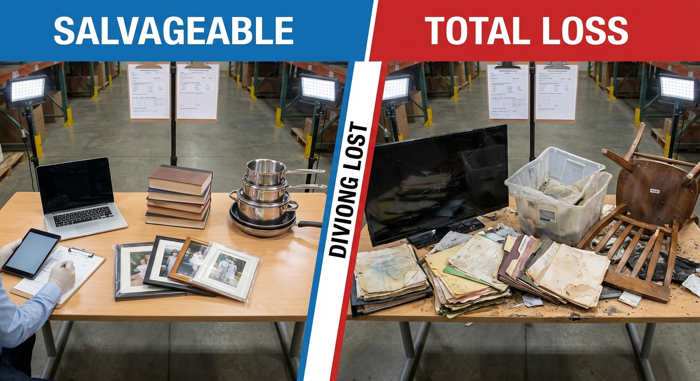 Items sorted into salvageable and total loss categories during inventory assessment