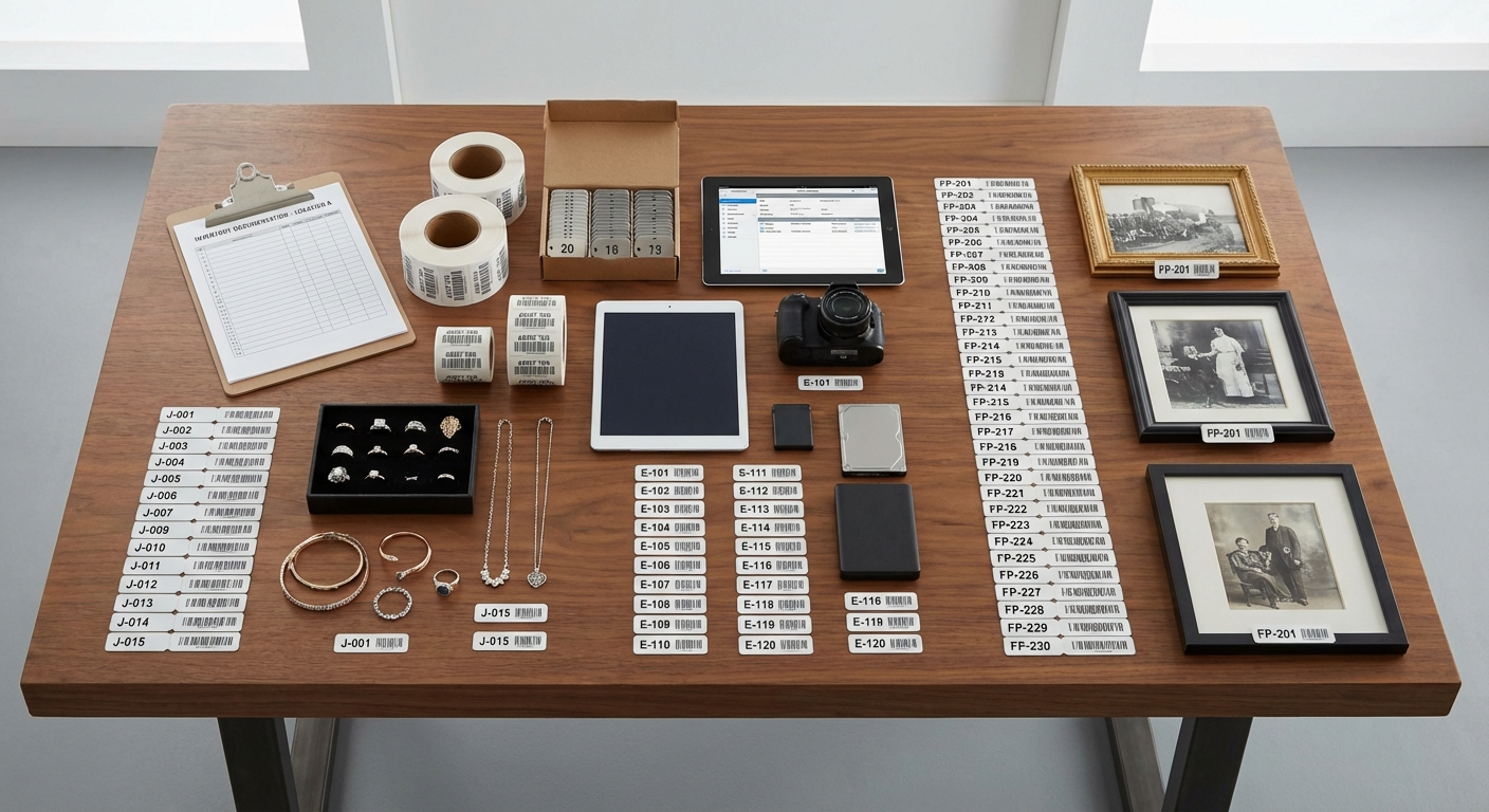 Organized inventory documentation with labeled items and barcodes