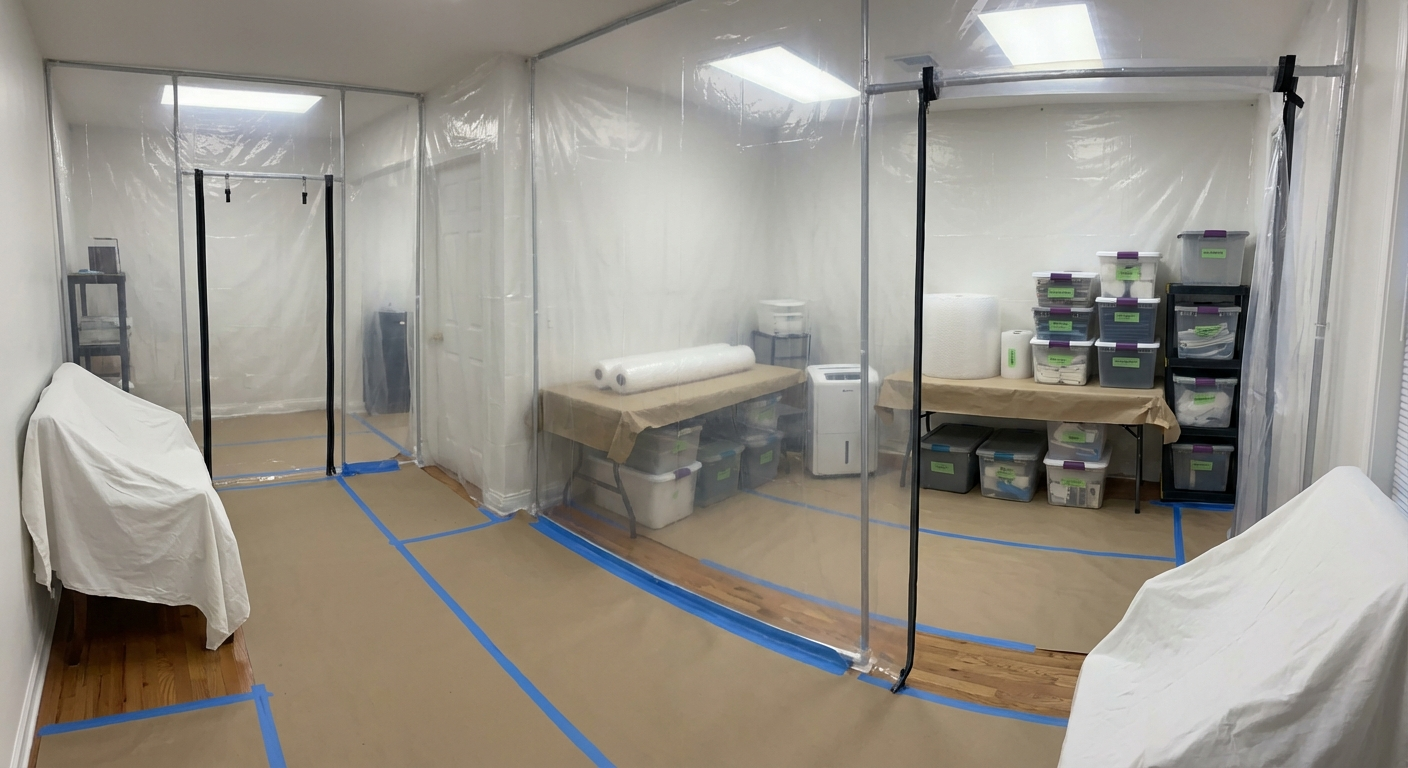 Professional protective barriers set up in room