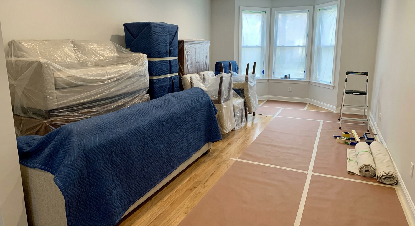 Furniture protected with covers while workspace is cleared