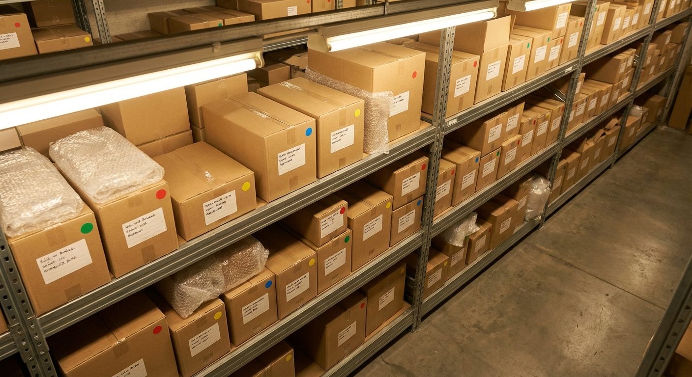 Organized contents storage with labeled inventory boxes